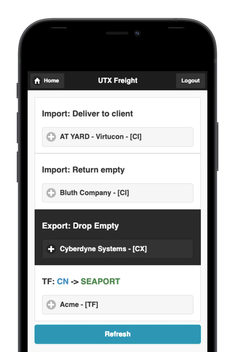 UTX Freight driver view on a phone, listing import, export and transfer moves.